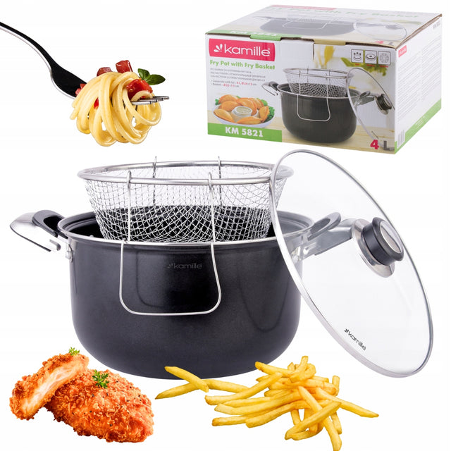 Garnek do smażenia frytek pączków gotowania makaronu z sitkiem kamille naczynie stalowe 4 l, powłoka non-stick, pokrywka, mycie w zmywarce