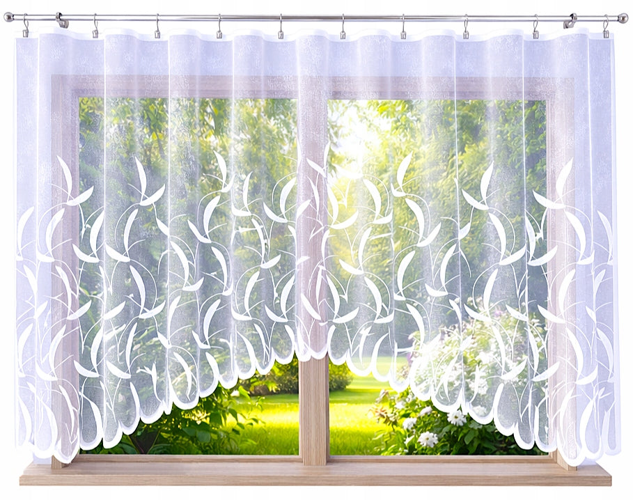 FIRANKA GOTOWA ŻAKARDOWA MAJA KRÓTKA DO KUCHNI POKOJU SYPIALNI 300x160 CM biała firana na żabki, wzór roślinny