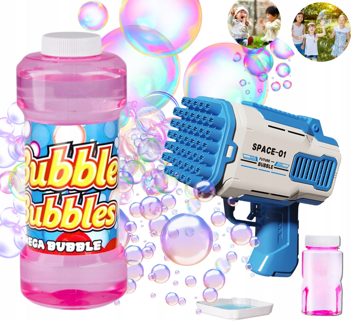 Pistolet na bańki 32 otworów maszyna do baniek na baterie + płyn niebieski 600 ml wiek 3 lata+