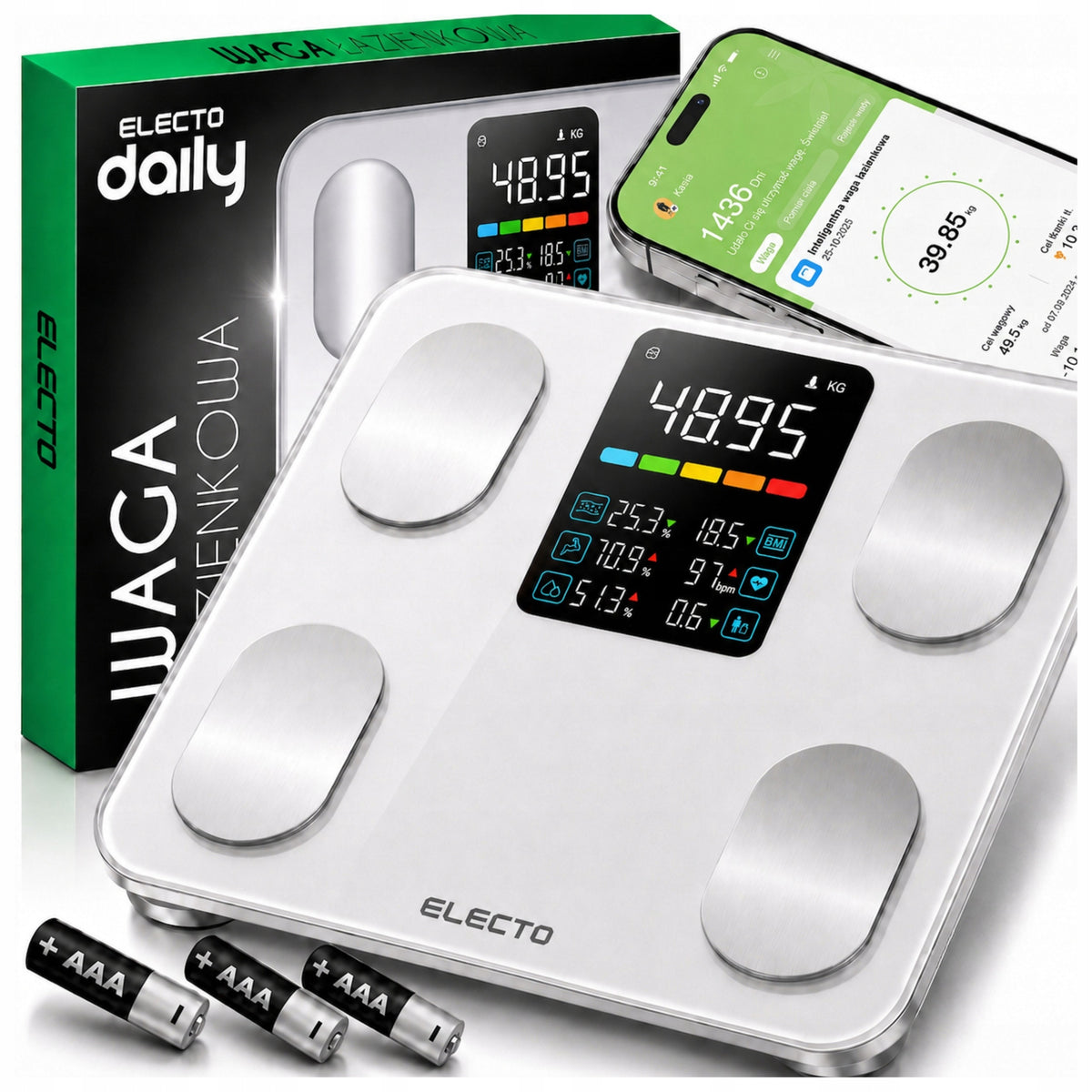 Waga łazienkowa elektroniczna analityczna aplikacja po polsku BMI 24W1 LCD biały