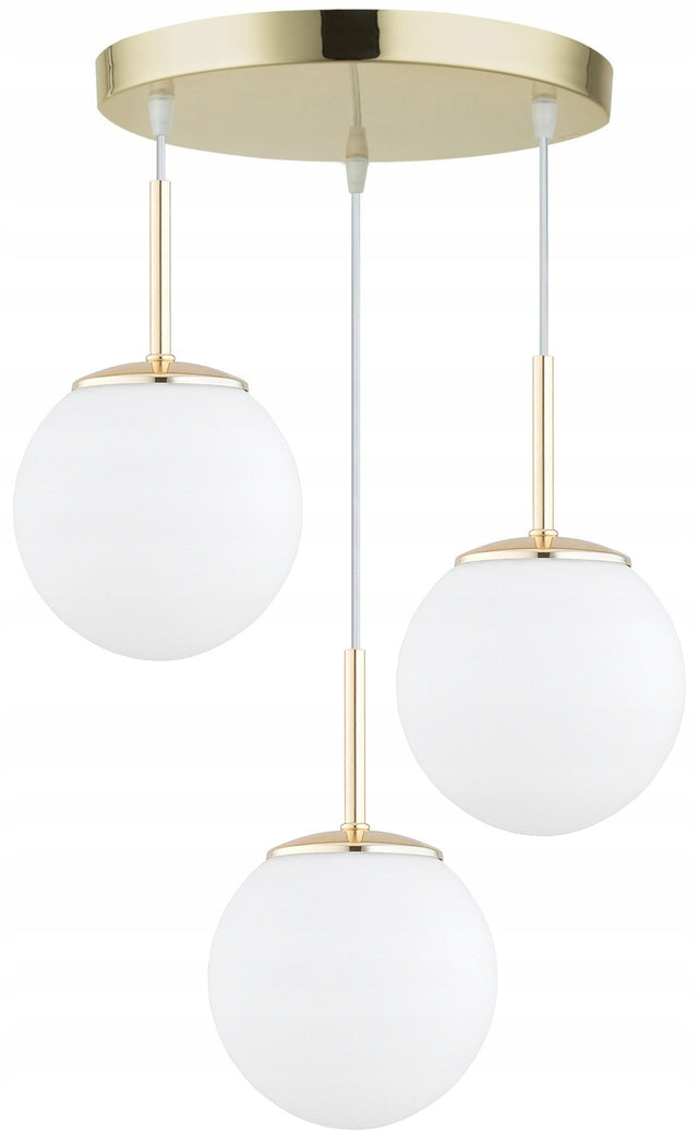 Złota Lampa Wisząca Sufitowa Żyrandol Białe Kule Milo LED E27 do salonu i jadalni, metalowa oprawa 3-punktowa, do żarówek do 60 w