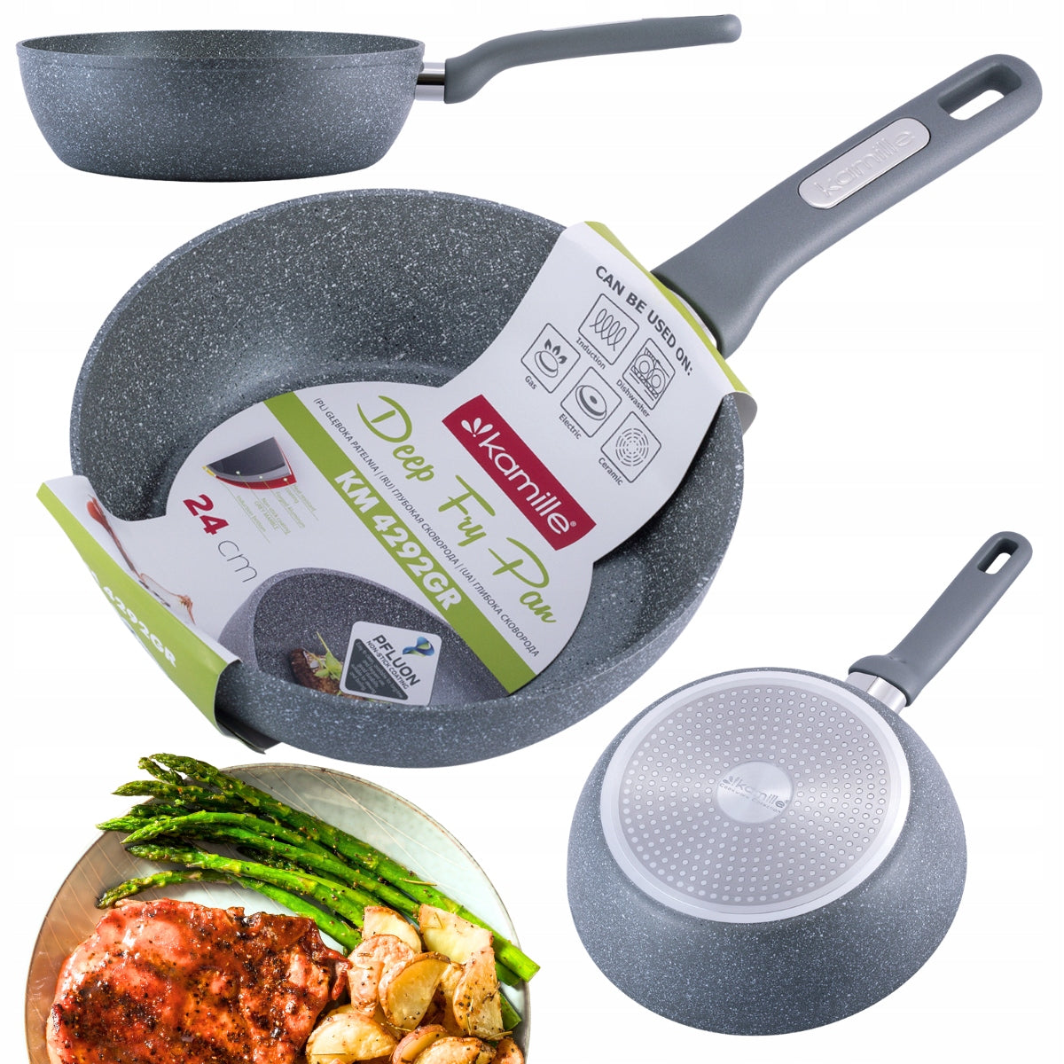 Patelnia głęboka granitowa gruba solidna 24 CM WOK GAZ indukcja kamille do smażenia i duszenia, możliwość mycia w