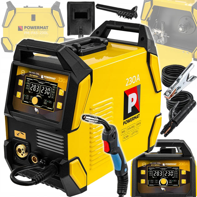 Spawarka inwertorowa migomat półautomat 230A MIG MAG MMA TIG lift synergia drut 0,6–1,0 mm, zasilanie 230 V, cykl pracy 60%, waga 9,5 kg