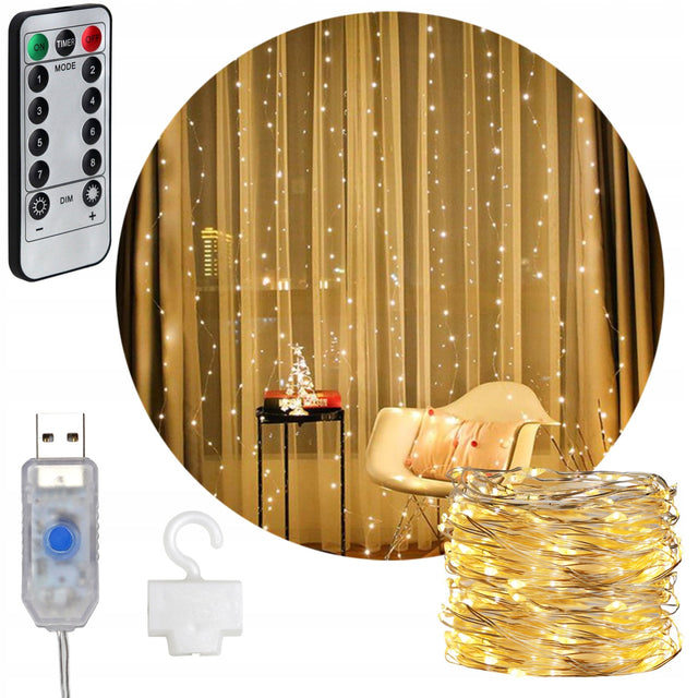 Lampki LED 3x3 kurtyna świetlna okienna świąteczna biały ciepły USB + pilot