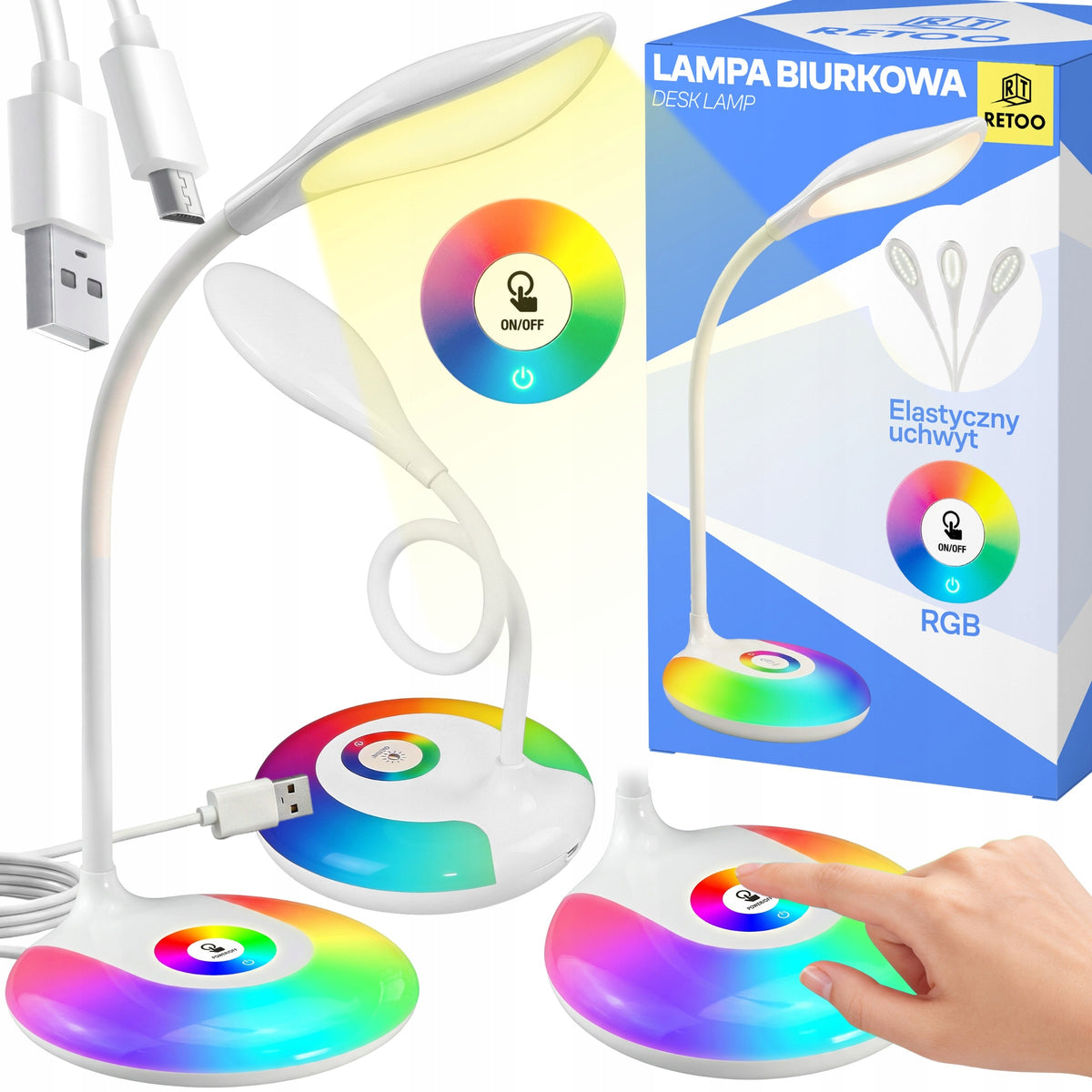 LAMPKA BIURKOWA LED NA BIURKO LAMPA 256 KOLORÓW RGB DO NAUKI DOTYKOWA USB regulowane ramię, ściemniana, zmienna barwa