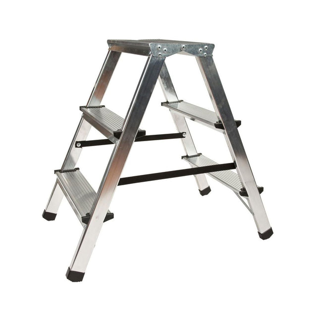 Drabina aluminiowa dwustronna 2x3 125 kg Drabest podest podnóżek schodki domowe, wysokość robocza 2,2 m, lekkie 1,8 kg