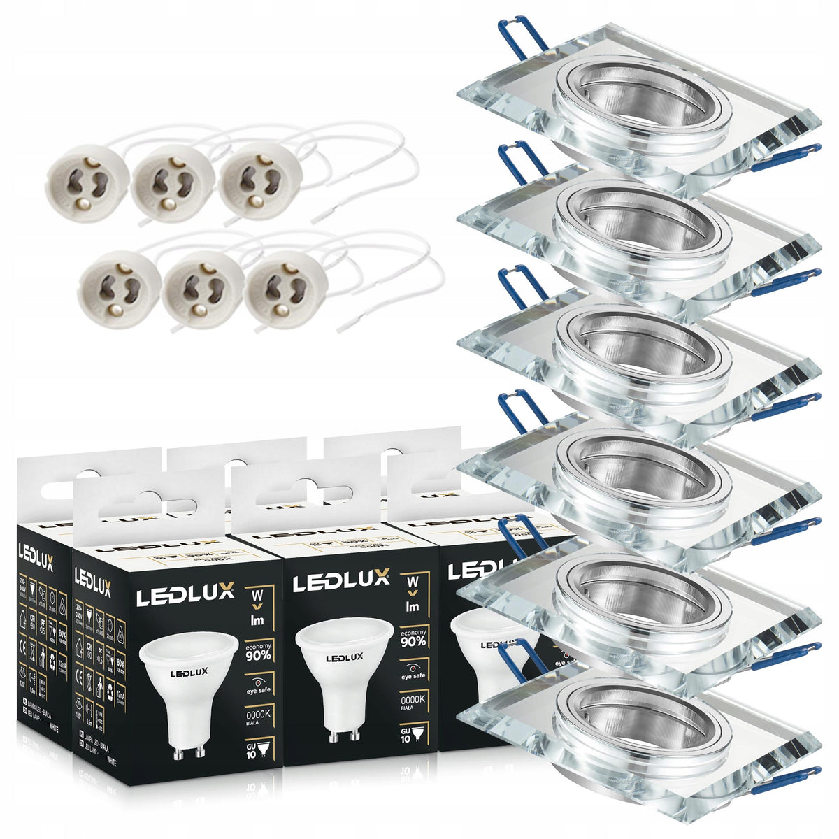 6x Oprawa halogenowa Szklana Kwadratowa + Żarówka GU10 LED 5,5W 3 BARWY oczko sufitowe wpuszczane, downlight do
