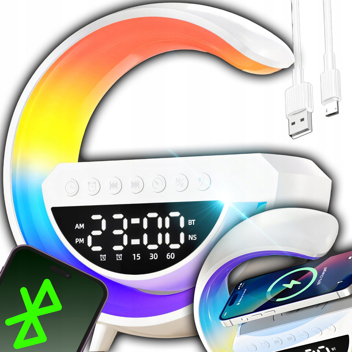 LAMPKA NOCNA LED RGB GŁOŚNIK BLUETOOTH ŁADOWARKA INDUKCYJNA ZEGAR BUDZIK lampa stołowa, oświetlenie dekoracyjne, do