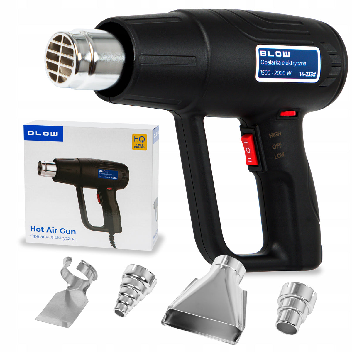 OPALARKA ELEKTRYCZNA 2 BIEGI 100-600°C 2000W REGULACJA 230V MOCNA + 4 DYSZE pistolet na gorące powietrze, nagrzewnica