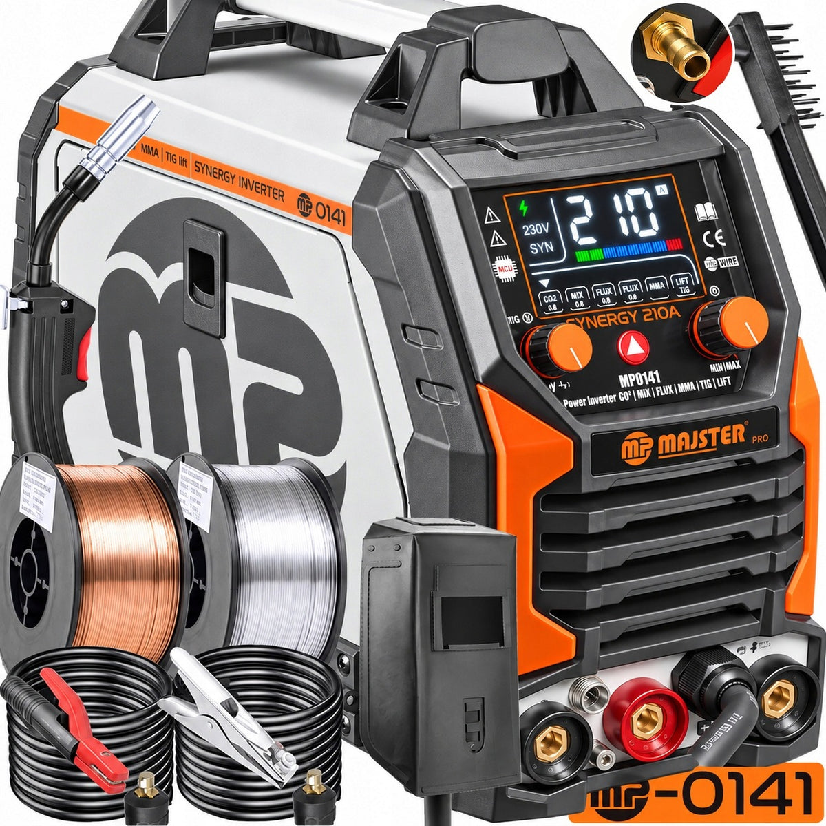 Spawarka inwerterowa MIG Co2 flux MMA TIG migomat synergia Majster MP0141 230 V, wyświetlacz LCD, uchwyt euro, maska
