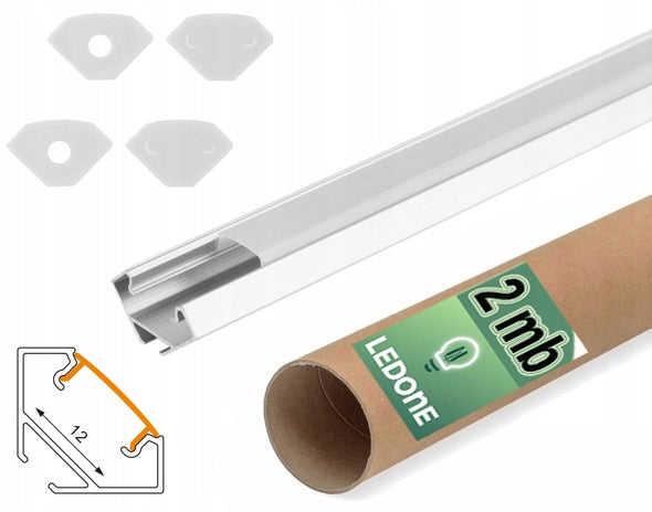 Zestaw 2mb Profil aluminiowy narożny biały + klosz mleczny do taśm led listwa montażowa, kanał, osłona rozpraszająca