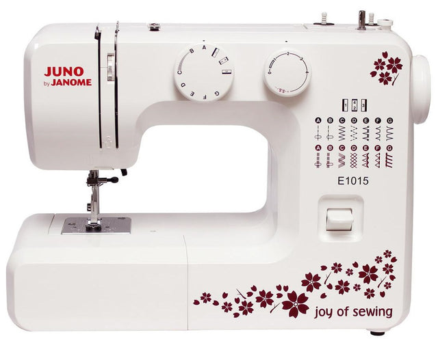 Maszyna do szycia janome Juno E1015 sprzęt krawiecki, 15 ściegów, zygzak, haftowanie, pikowanie, obszywanie dziurek, wszywanie zamków, 860 wkłuć/min