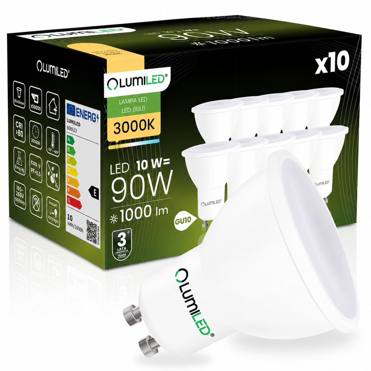 10x Żarówka LED GU10 Reflektor PAR16 10W = 90W 1000lm 3000K Ciepła 120° do opraw sufitowych i spotów, oświetlenie