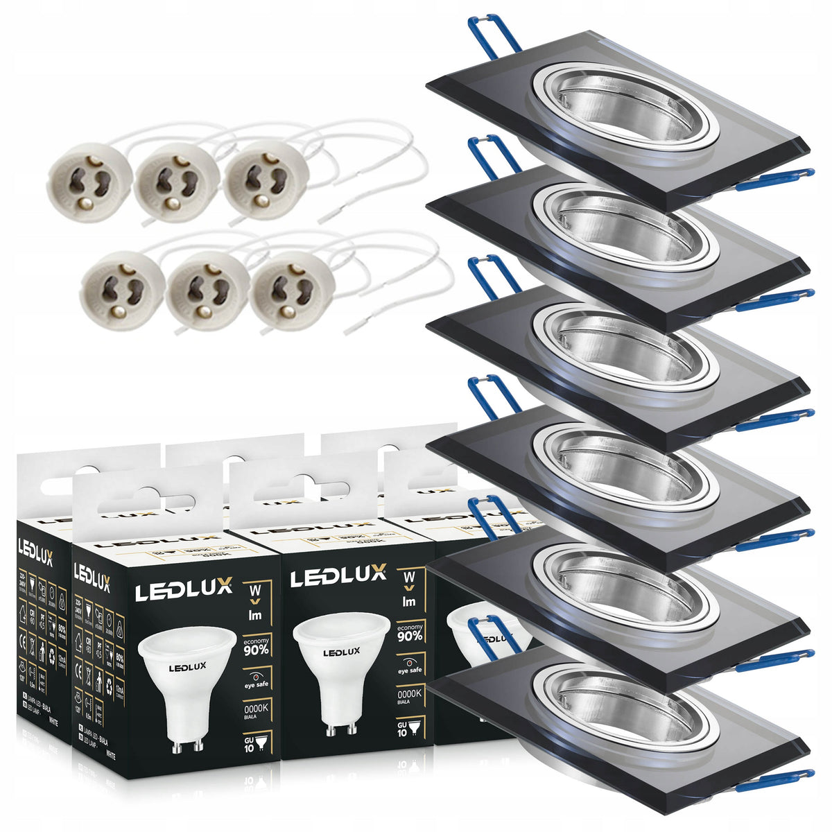 6x Oprawa halogenowa Szklana Kwadratowa + Żarówka GU10 LED 10W 3 barwy oczko sufitowe podtynkowe czarne