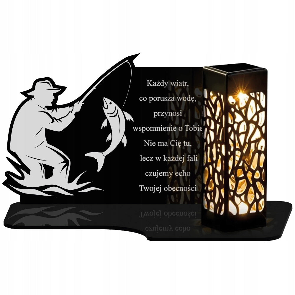 Znicz Solarny LED Dla Wędkarza Rybaka Na Grób Premium Czarny Wieczny lampion nagrobny cmentarny 20 cm czas działania