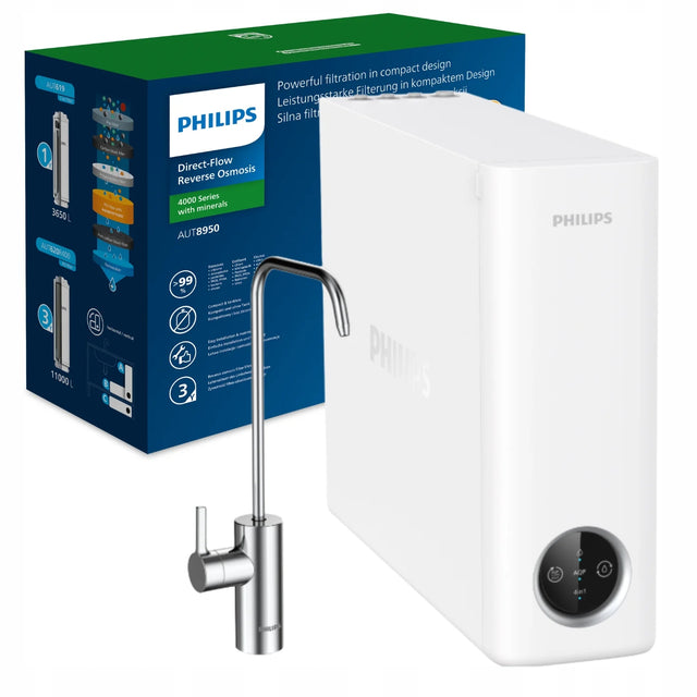 Filtr kran do wody Philips AUT8950/10 odwrócona osmoza 1,1L/min 400GPD oczyszczacz kuchenny, uzdatniacz wody, biały