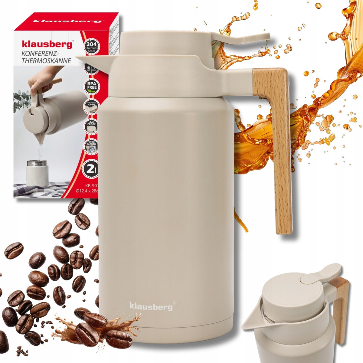 Termos Konferencyjny Klausberg KB-9014 beżowy 2l Stal 304 BPA Free Dzbanek termiczny do kawy i herbaty, pojemnik na