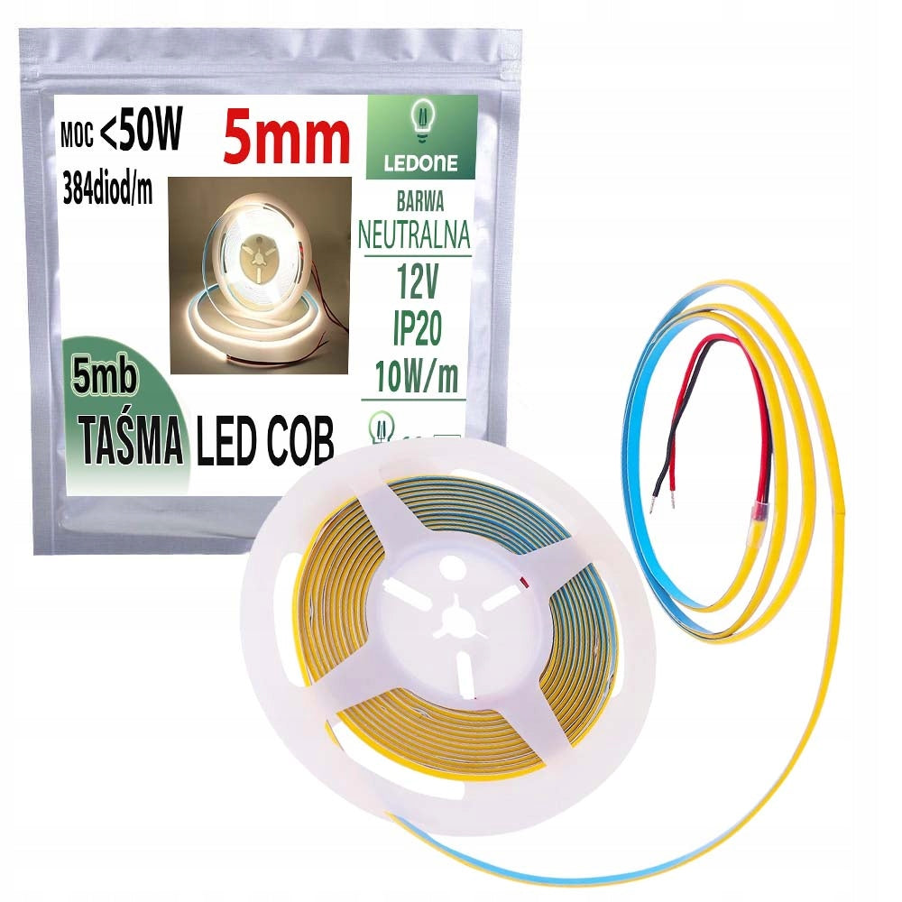 Taśma LED COB wąska 5mm 12V 384diod/m neon linia światła biały neutralny 5m oświetlenie mebli, wnęk i podświetlenie