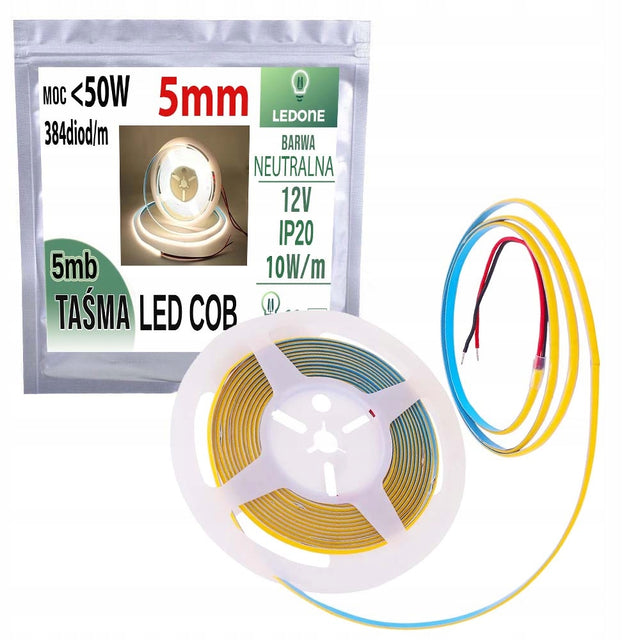 Taśma LED COB wąska 5mm 12V 384diod/m neon linia światła biały neutralny 5m oświetlenie mebli, wnęk i podświetlenie dekoracyjne