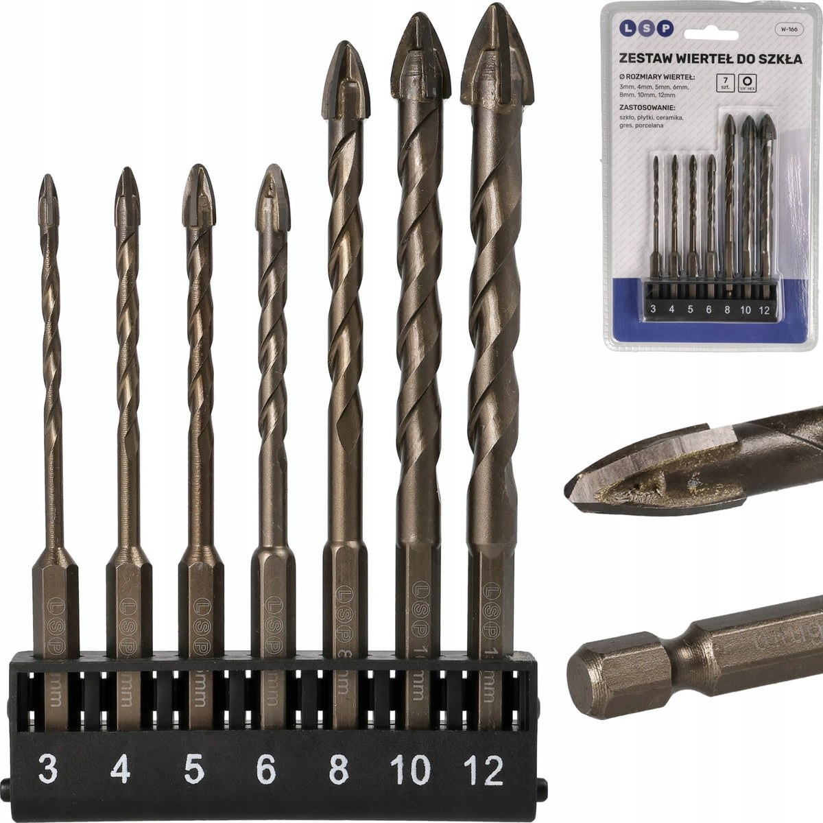 Wiertła Do Szkła Zestaw 7szt 3-12mm HEX 1/4" 6.25 Do Płytek Gresu Ceramiki piórkowe do glazury i kafli, mocowanie do