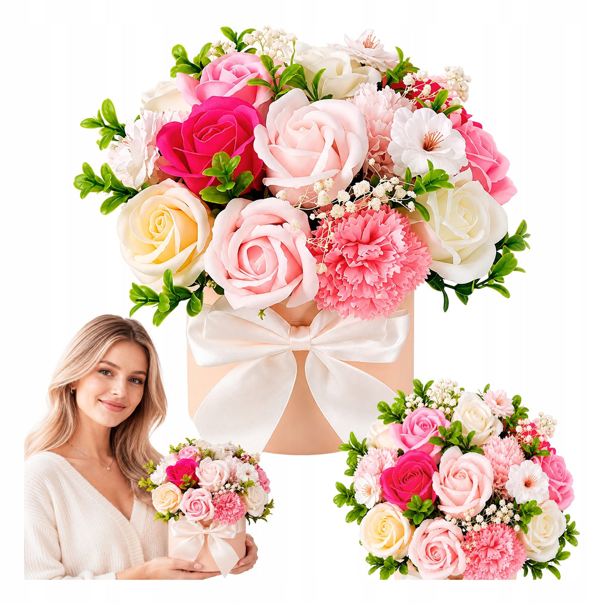 Flowerbox z kwiatami mydlanymi bukiet w pudełku ozdobnym róże na prezent kompozycja dekoracyjna, ozdoba wnętrza
