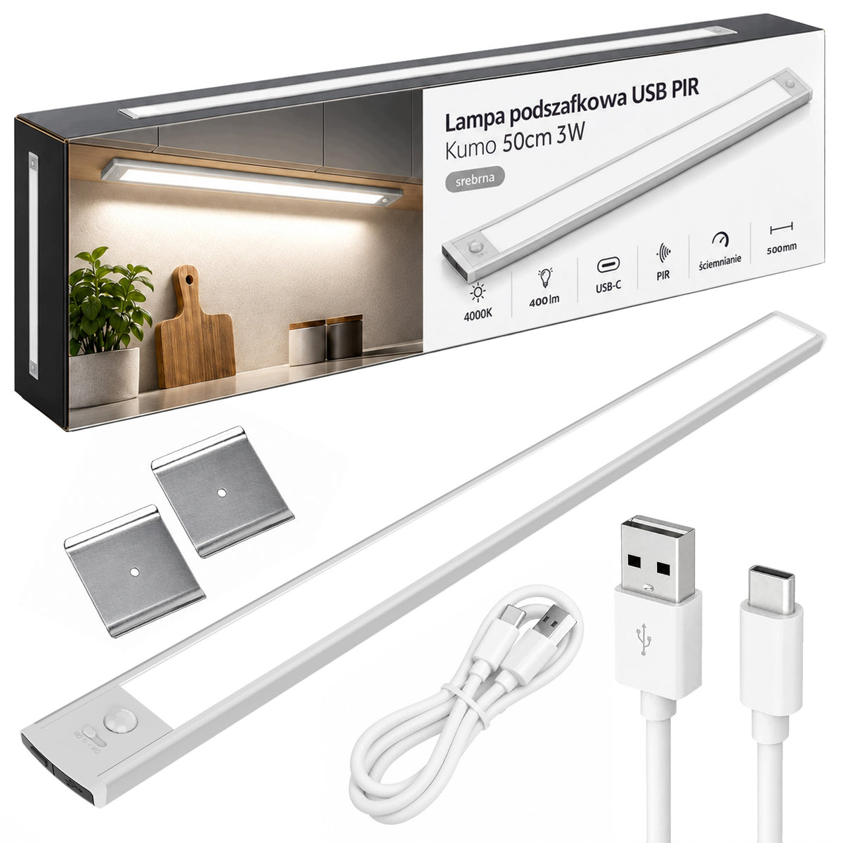 Lampka nocna LED 50cm z czujnikiem ruchu lampa podszafkowa do mebli srebrna akumulatorowa USB, 400 lm, neutralna biała