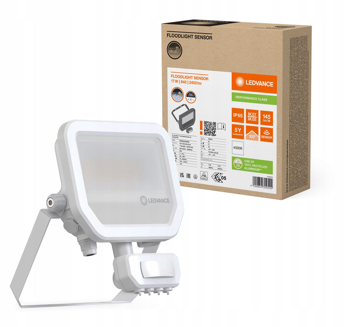 Naświetlacz LED sensor 17W 4000K z regulacją strumienia 2400lm/1600lm reflektor zewnętrzny IP65, neutralna biel