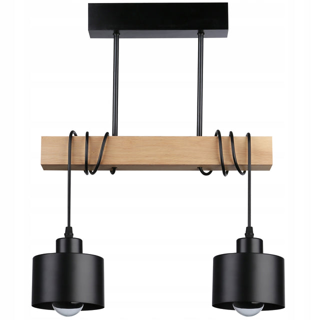 Lampa sufitowa wisząca żyrandol oprawa Drewniana LED E27 loft czarna industrialna metalowa 2-punktowa, do salonu i jadalni, wysokość 40 cm, 35 w