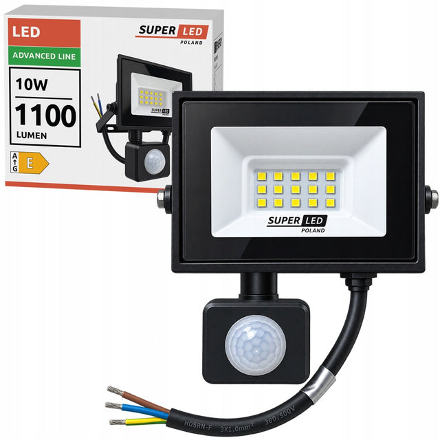 Naświetlacz LED SuperLED 10W 1100 lm IP65 czarny z czujnikiem ruchu 6000 K reflektor zewnętrzny lampa elewacyjna do ogrodu podjazdu biały zimny
