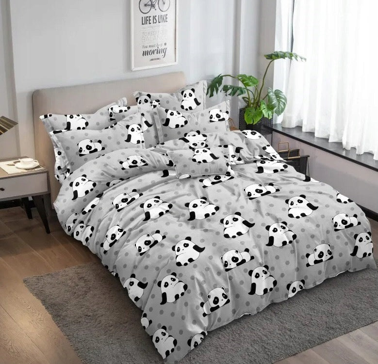 Pościel 3D Satyna Bawełniana 160x200 3cz Panda Na Szarości komplet do łóżka, poszewka 70x80, zamek błyskawiczny, wzór
