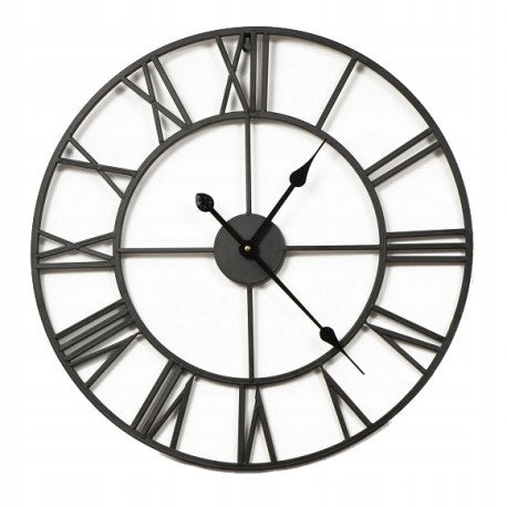 Duży metalowy zegar ścienny 80 CM czarny cichy mechanizm arventa style dekoracja salonu, tarcza analogowa, cyfry rzymskie, zasilanie bateryjne