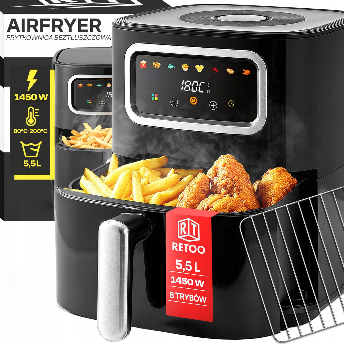 Frytkownica beztłuszczowa AIR fryer frytownica 1450W misa 5,5l 8 programów 1450 w czarny