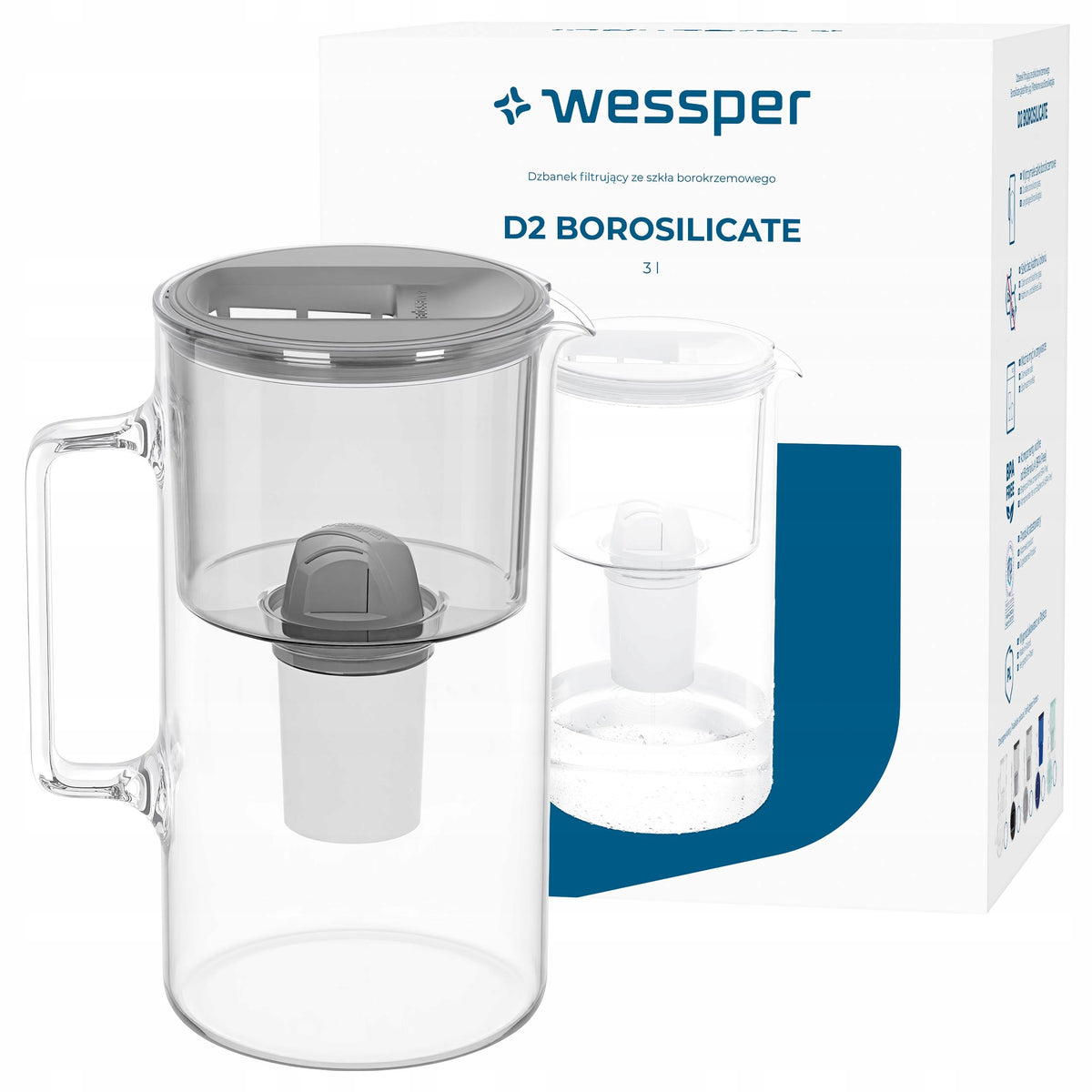 Dzbanek szklany wessper D2 borosilicate 3l + 1x Filtr Wessper aquaclassic dzbanek filtrujący srebrny/szary