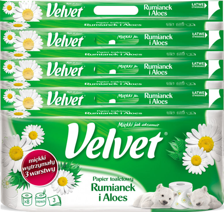 Velvet papier toaletowy Rumianek i Aloes 4x8 rolek zestaw celulozowy 3-warstwowy 150 listków biały do łazienki
