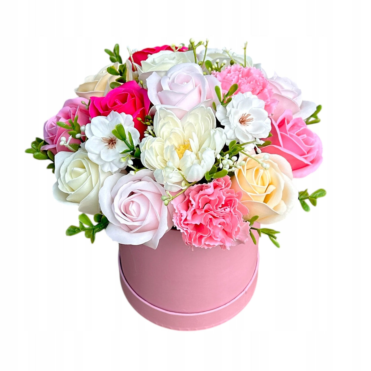 Flowerbox z Kwiatami Mydlanymi Prezent Upominek Flower box Róże Mydlane kompozycja florystyczna, dekoracja wnętrza