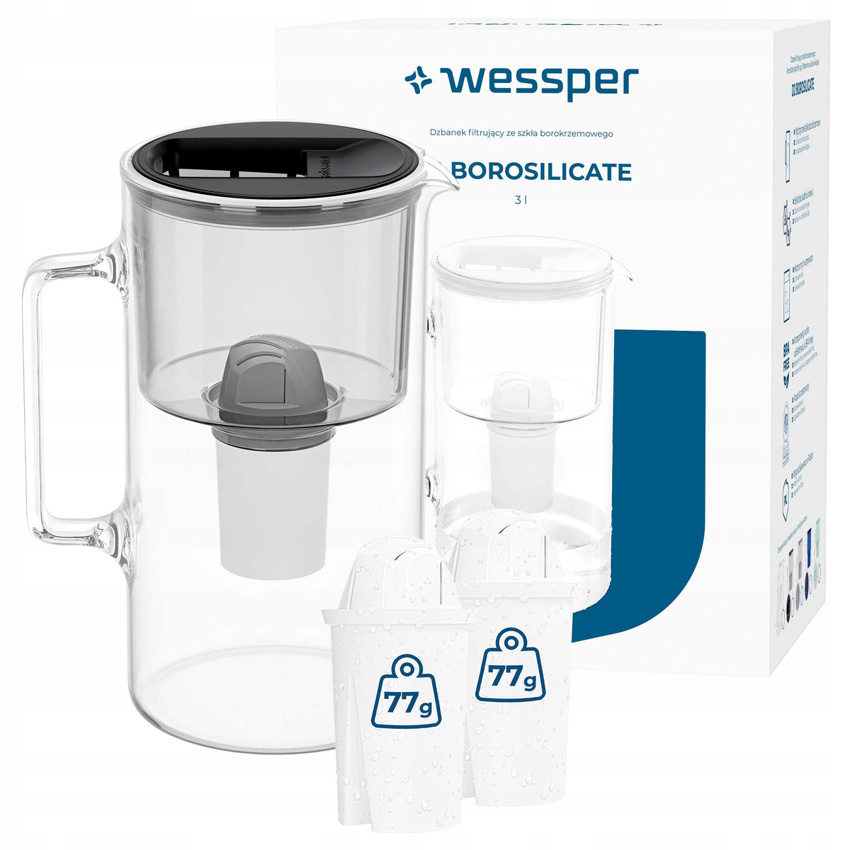 Dzbanek filtrujący szklany Wessper 3l B2 borosilicate + 3x filtr wody czarny