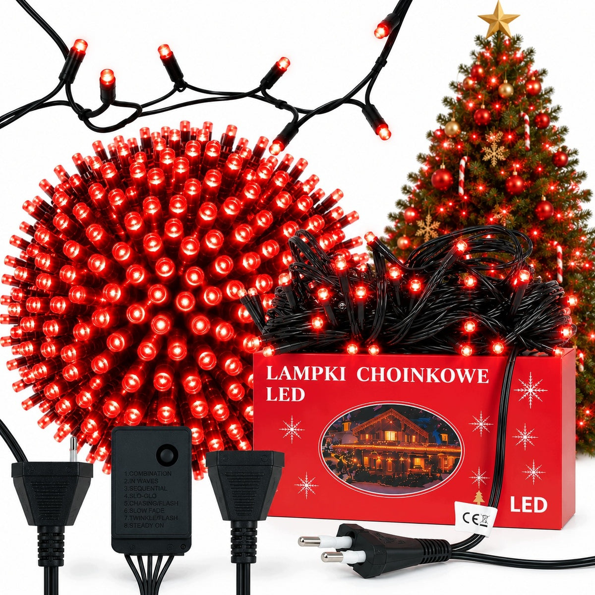 LAMPKI CHOINKOWE ŚWIĄTECZNE Czerwone 300 LED WEWNĘTRZNE ZEWNĘTRZNE