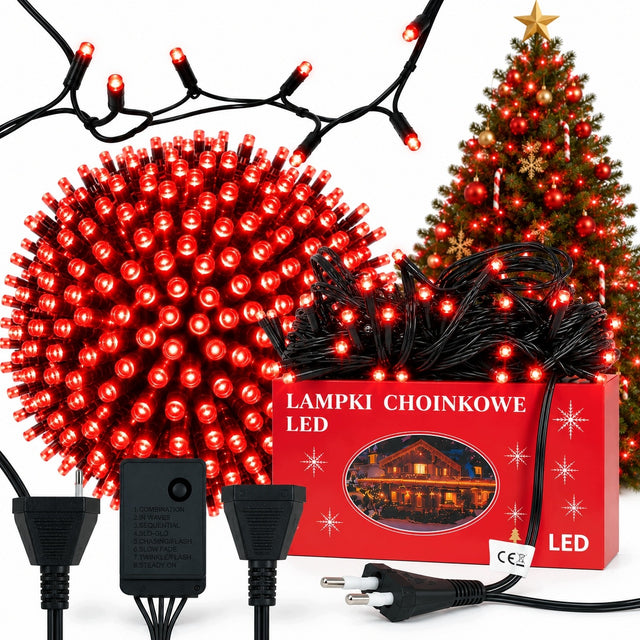 Lampki choinkowe świąteczne Czerwone 300 LED wewnętrzne zewnętrzne