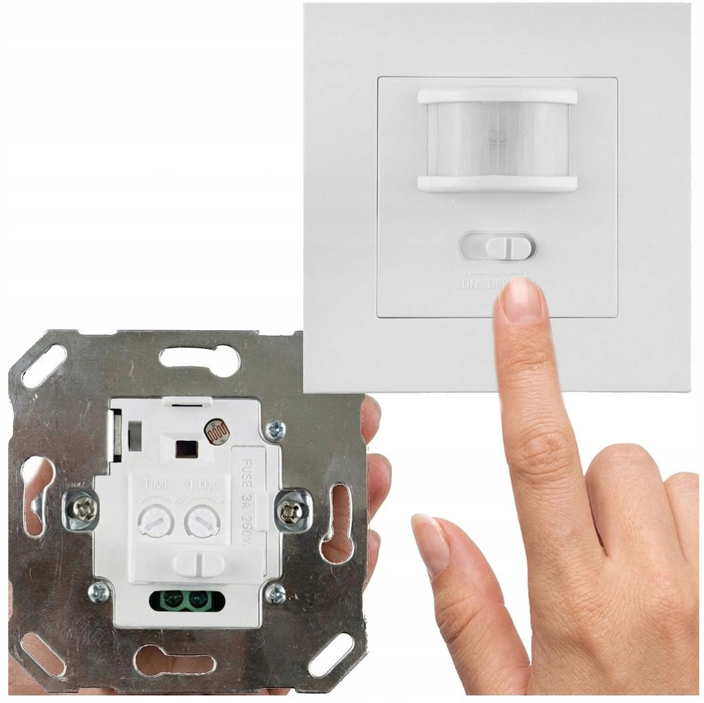 Czujnik Ruchu PIR Sensor 500W Biały Do Puszki Podtynkowy Zasięg max 9m IP20 detektor obecności automat oświetleniowy