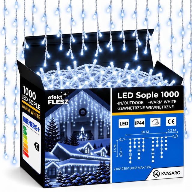 Sople 1000 LED kurtyna lampki zewnętrzne IP44 biały zimny + zimny flash 50m kurtyna świetlna 5000 cm girlanda choinkowa na elewację, zasilanie