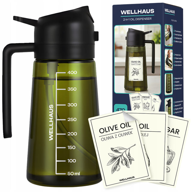 Wellhaus spryskiwacz do oliwy oleju octu dozownik w sprayu szklany 2w1 Atomizer kuchenny, butelka na płynne przyprawy, 470 ml, zmywarkoodporny