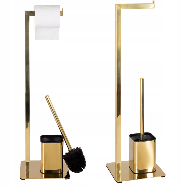 Stojak Uchwyt Na Papier Toaletowy z Szczotką WC Złoty Metalowy Łazienkowy wolnostojący komplet sanitarny, wysokość 67,3 cm, szerokość 20 cm