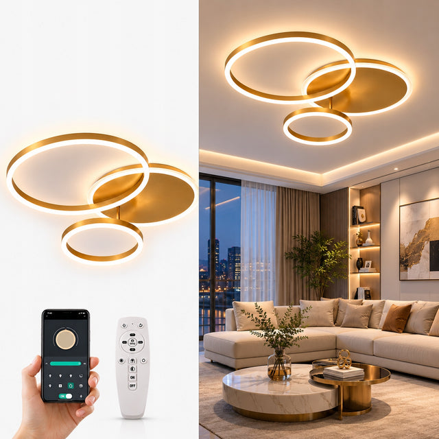 Lampa sufitowa LED plafon złoty 65cm 36W 5600LM 3 ringi pilot APP 3 barwy okrągła oprawa do salonu, sypialni i pokoju