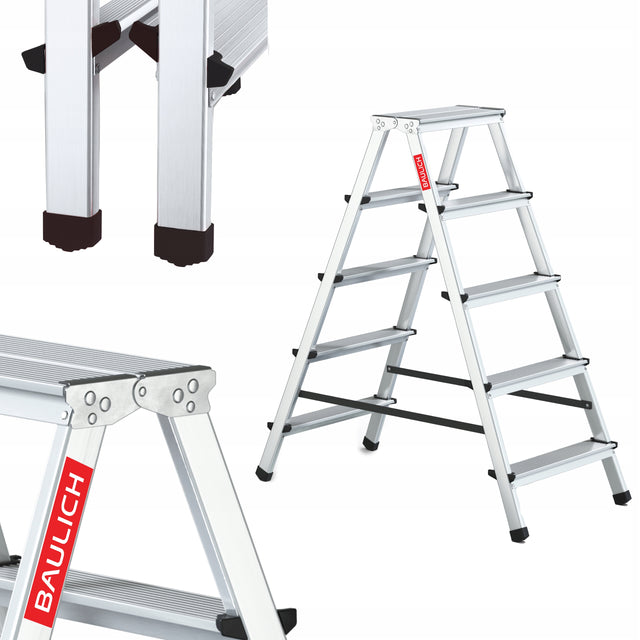 Drabina aluminiowa składana 5 stopniowa 2x5 dwustronna domowa podest 102 cm, wysokość pracy 2,62 m, udźwig 120 kg, lekka
