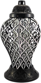 Duży znicz ażurowy na grób lampion czarno-srebrny 36 cm na cmentarz LED, dekoracja nagrobna, światło pamięci, ozdoba