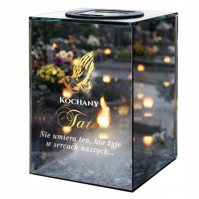 Znicz Lustrzany dla Taty Solarny LED z Grawerem Elegancki Efekt Płomienia lampion nagrobny, ozdoba cmentarna na grób 17,5 cm