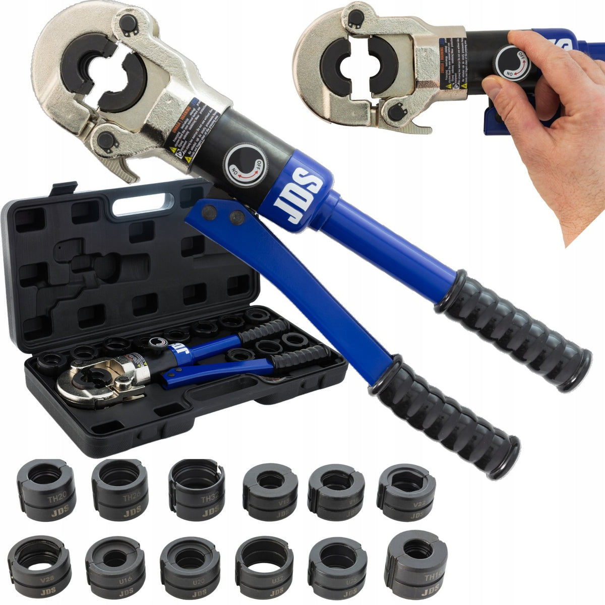 Praska zaciskarka do RUR PEX hydrauliczna zestaw 12 matryc TH u V 15-32mm do instalacji wodnych, ręczna, wymienne