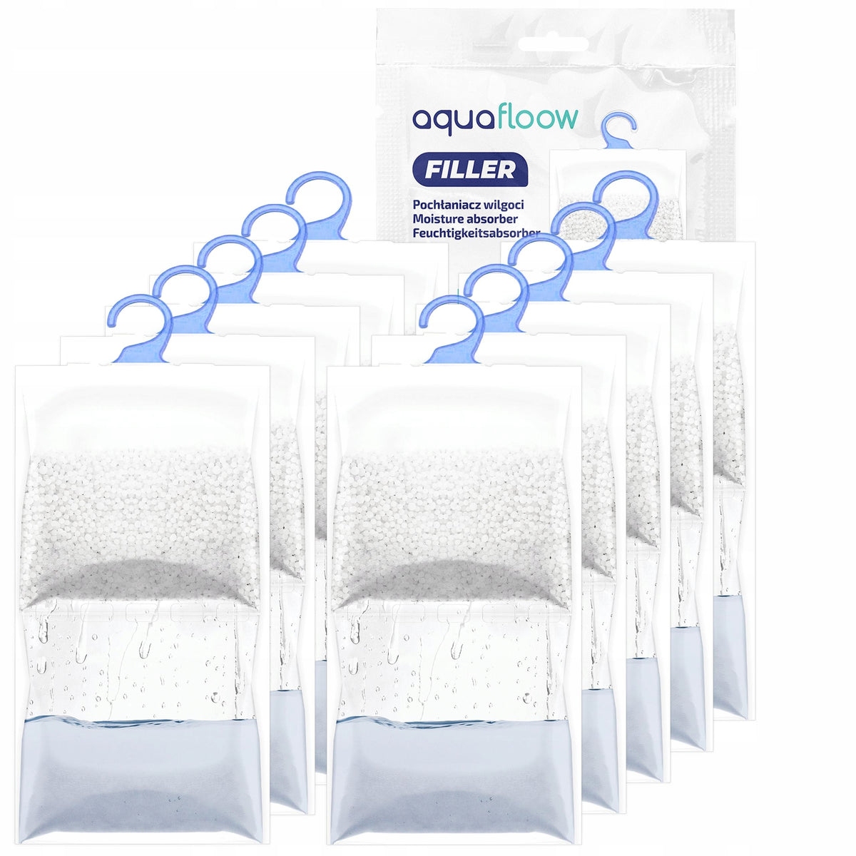 Pochłaniacz wilgoci osuszacz powietrza + wieszak do szafy 500ml AquaFloow absorber do łazienki i garderoby, bezzapachowy