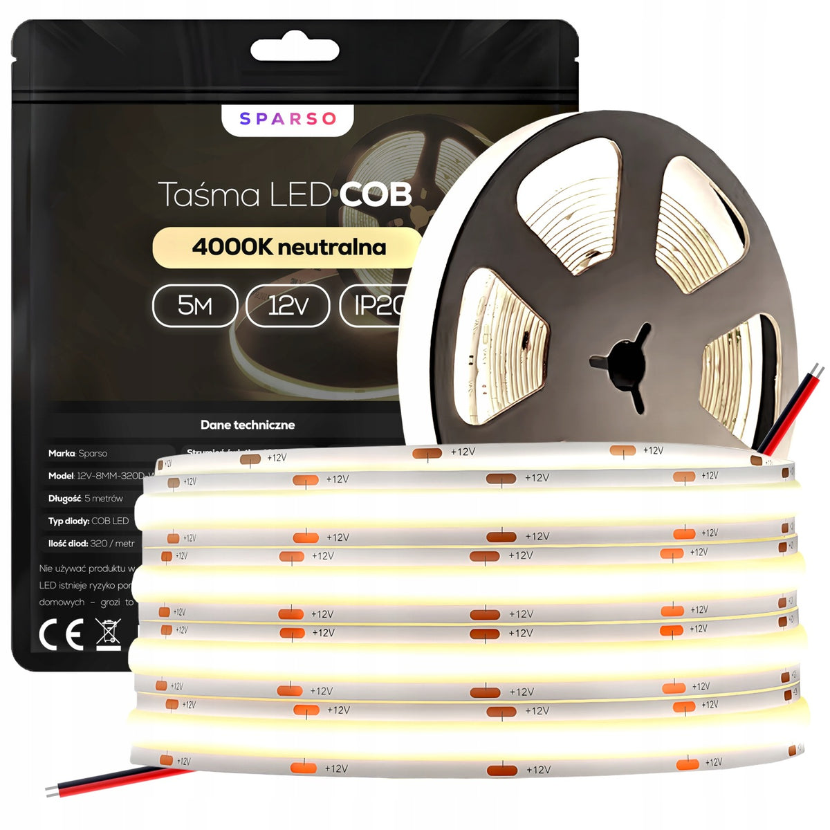 Taśma LED COB 12V 5m rolka 320 LED/m neon 4000K biała neutralna mocna IP20 pasek świetlny do podświetlenia wnętrz i
