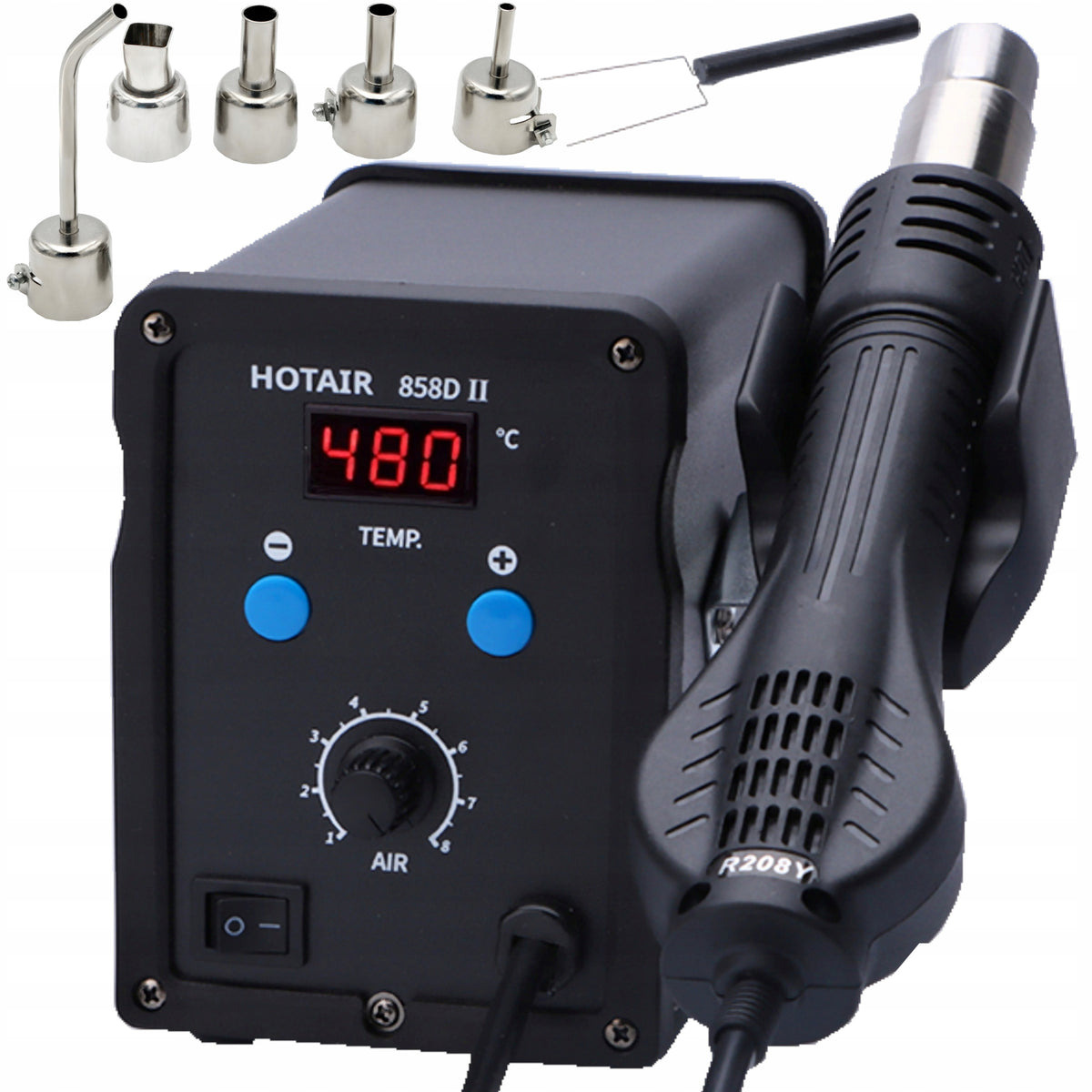 Stacja lutownicza Spawarka hot air HOTAIR 858D II ZESTAW 5 DYSZ CHWYTAK smt do prac serwisowych elektroniki, maks